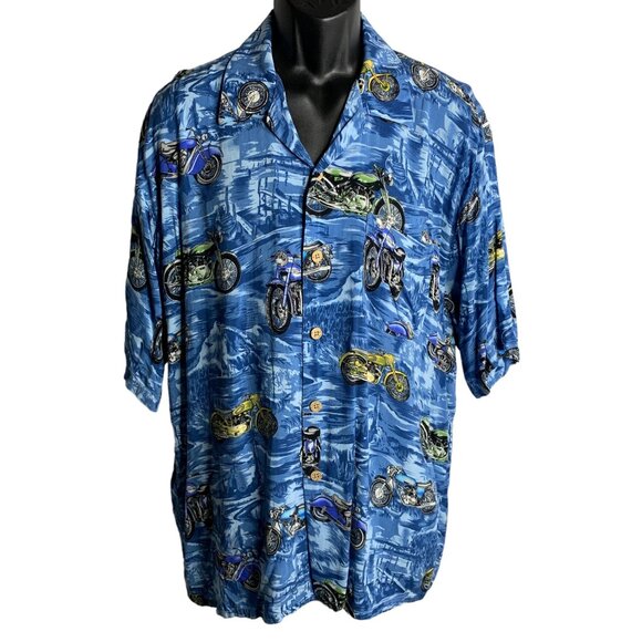 Vintage 90s Hawaiian Motorcycle Shirt XXL Blue Buttons Pocket Camp Short Sleeves - Picture 1 of 6